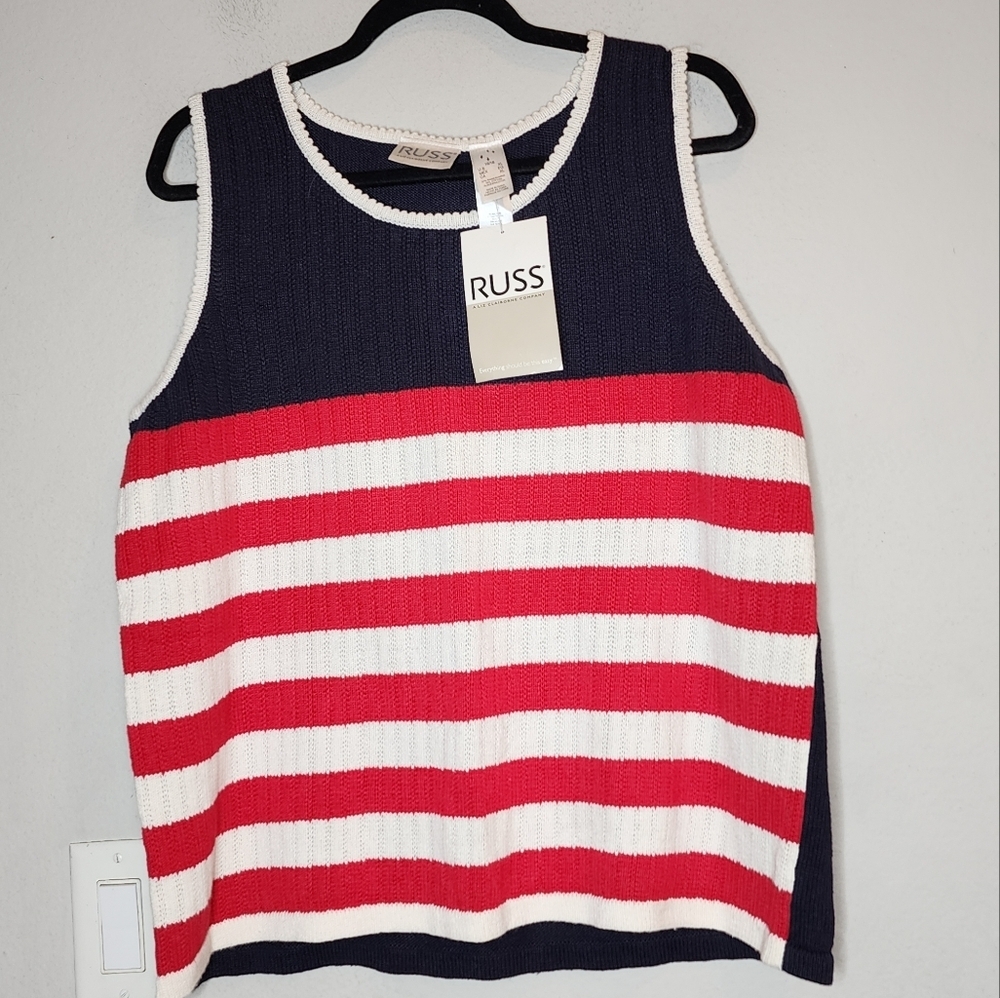 NWT Russ Ramie Knit Stripe Sleeveless Sweater Red White Blue USA Y2K Vintage